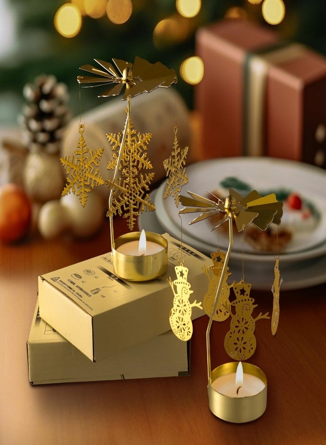 Heliltd 2Pcs Rotary Candle Holder Spinning Tea Light Candle Holder Christmas Style Metal Rotating Candlestick (2, Gold Christmas Snowflake & Snowman) - Image 5