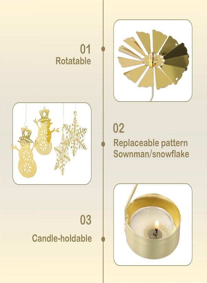 Heliltd 2Pcs Rotary Candle Holder Spinning Tea Light Candle Holder Christmas Style Metal Rotating Candlestick (2, Gold Christmas Snowflake & Snowman) - Image 4