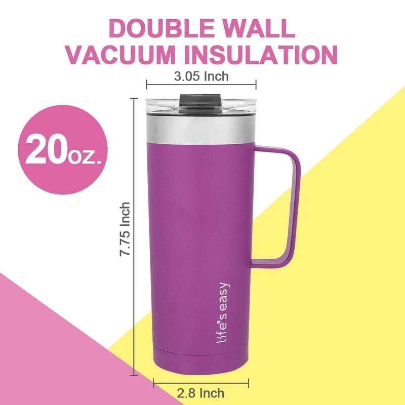 Life's Easy 20oz Stainless Steel Mug w/Handle - Double Wall Insulated Travel Tumbler w/Flip Lid - Leak Proof Tumbler-Thermal Cup for Coffee, Tea & More - Keep Hot & Cold Drinks (Purple, 20 oz) - Image 2