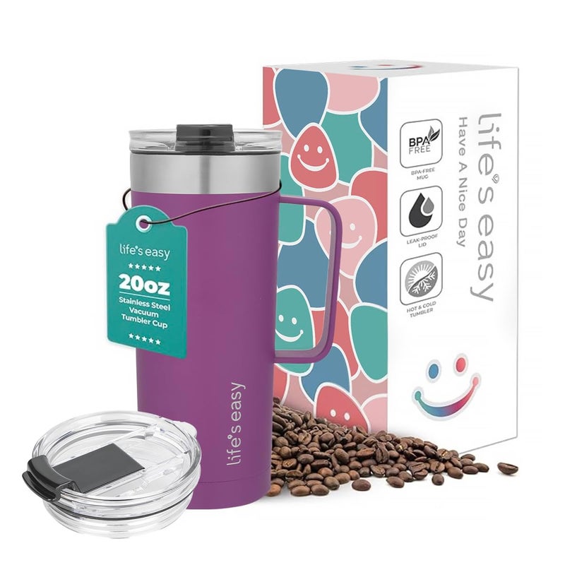 Life's Easy 20oz Stainless Steel Mug w/Handle - Double Wall Insulated Travel Tumbler w/Flip Lid - Leak Proof Tumbler-Thermal Cup for Coffee, Tea & More - Keep Hot & Cold Drinks (Purple, 20 oz) - Image 1
