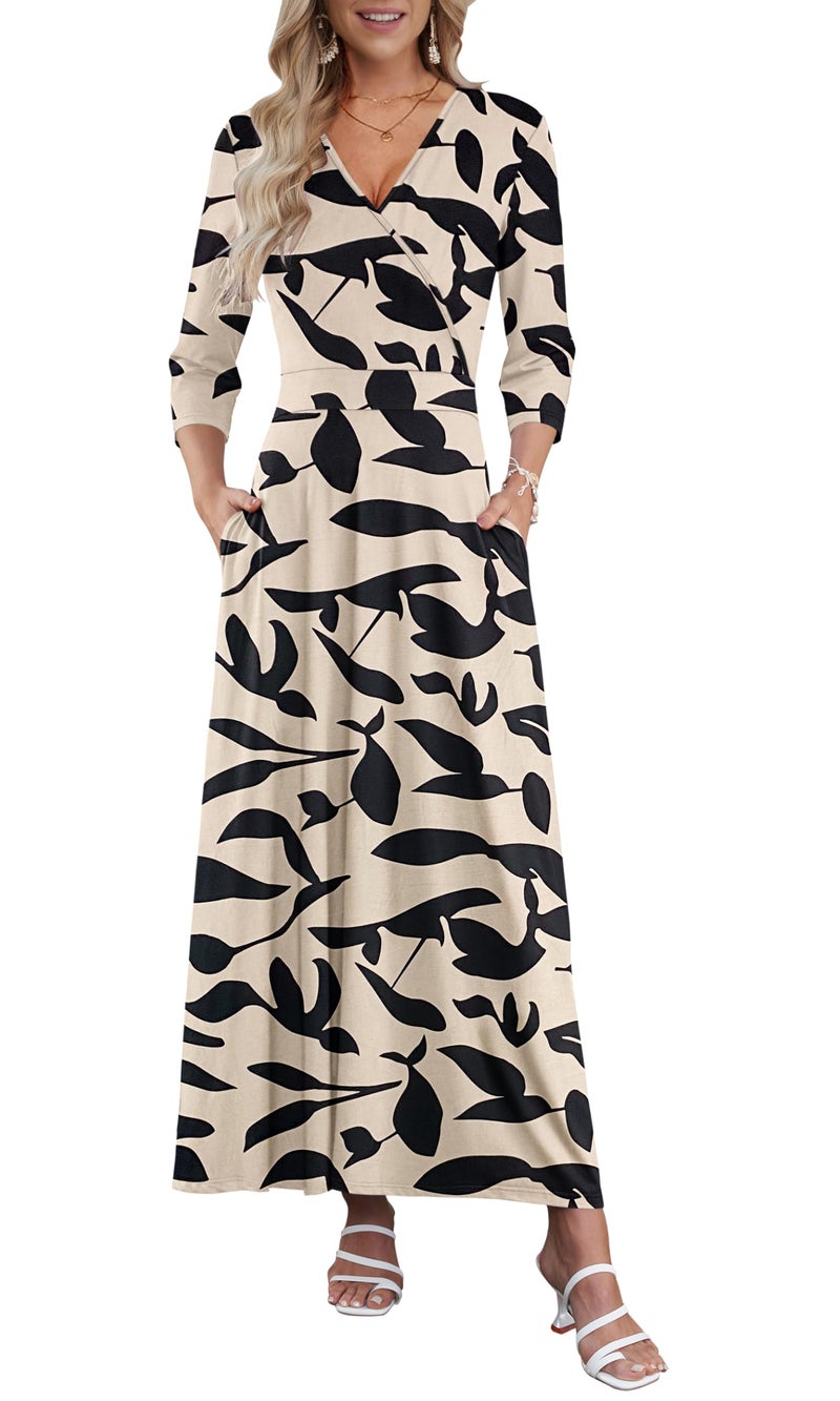 AUSELILY Maxi Dresses for Women 3/4 Sleeve V Neck Wrap Casual Loose Floral Long Dresses with Pockets All-Season - Image 1
