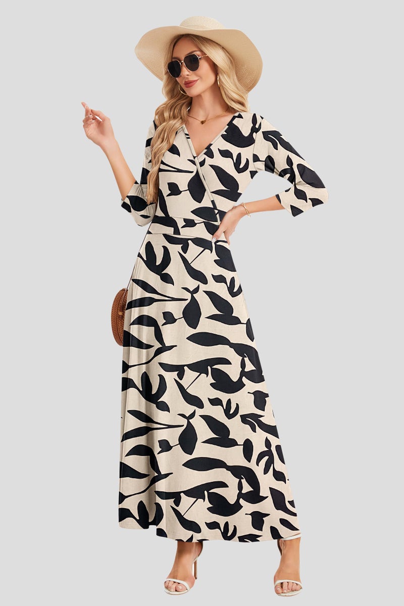 AUSELILY Maxi Dresses for Women 3/4 Sleeve V Neck Wrap Casual Loose Floral Long Dresses with Pockets All-Season - Image 4