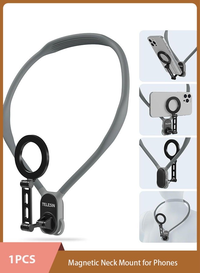 TELESIN Magnetic Neck Mount for Phones, Cell Phone Holder Stand Hanging on Neck POV/Vlog Selfie Hand Free Necklace Phone Strap Video Recording for iPhone 15 14 13 12 Series, Android Phones (Grey) - Image 1