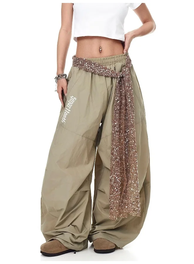 Madam Uniq American Vintage Sequin Belted Ruffle Cargo Wide-Leg Pants