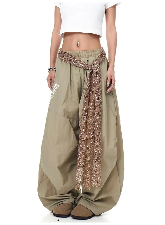 Madam Uniq American Vintage Sequin Belted Ruffle Cargo Wide-Leg Pants