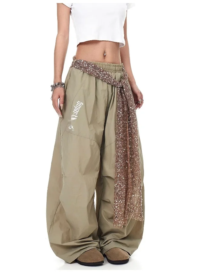 Madam Uniq American Vintage Sequin Belted Ruffle Cargo Wide-Leg Pants