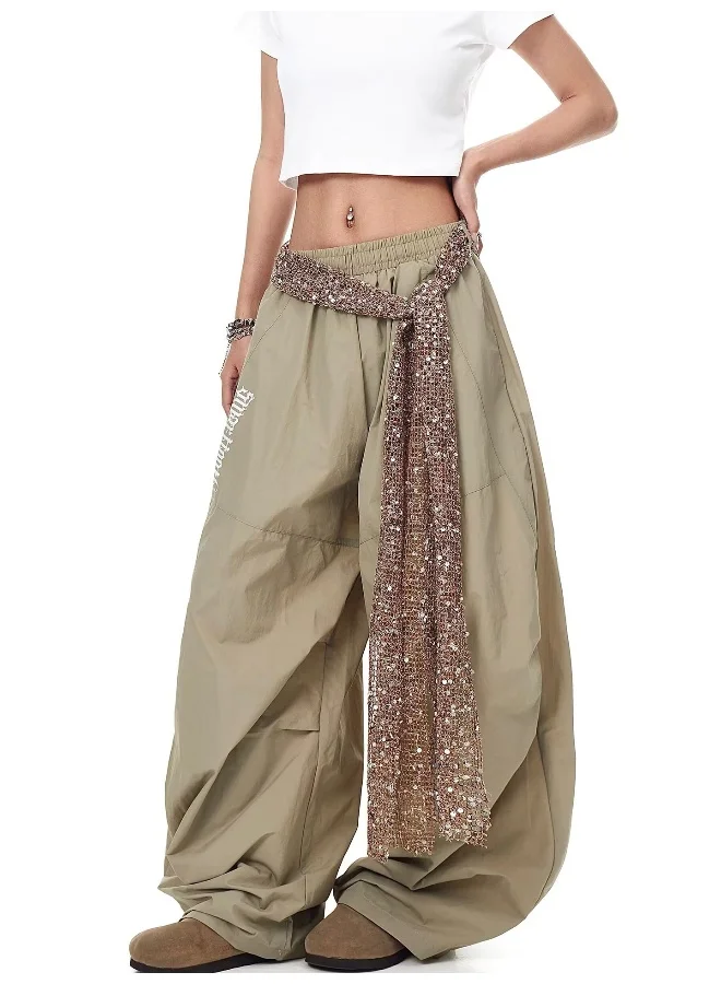 Madam Uniq American Vintage Sequin Belted Ruffle Cargo Wide-Leg Pants