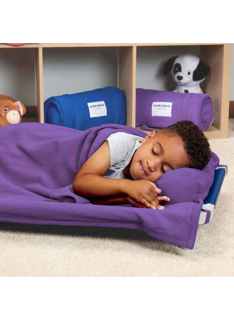 ROLLEE POLLEE Nap Sac Roll Up Napping Blanket with Attached Pillow for Preschool/Daycare, Super Soft with Elastic Straps, Fits Most Mats and Cots (Purple)