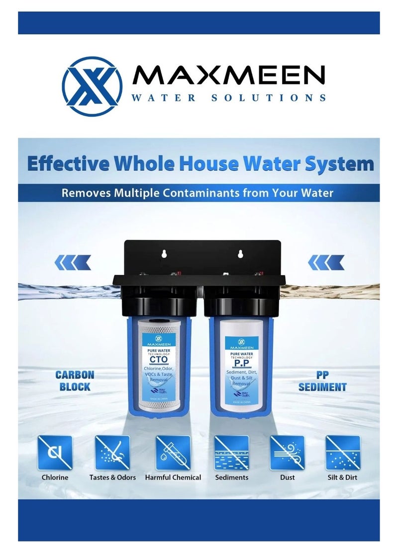 ماكسمين فلتر مياه منزلي مزدوج جامبو 10 بوصة – هيكل أزرق – فلتر رواسب + كربون – مدخل/مخرج 1" (إزالة الرواسب، الروائح وتحسين الطعم) - MAXMEEN WATER - Image 2