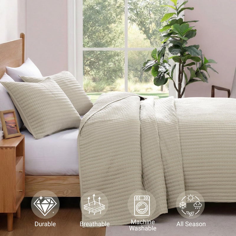 WRENSONGE Queen Quilt-3 Pieces Lightweight Bedspreads Light Oatmeal Queen Size Quilt Bedding Set for All Seasons, Soft Summer Coverlet with 2 Pillow Shams Suitable for Bed & Couch - Image 4