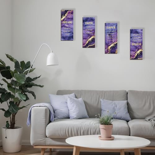 ONIZHITY 4 Pcs Purple Gold Bathroom Decor Purple Gold Wall Decor with Dreams Faith Love Believe Wooden Rustic Marble Style Versatile Bathroom Accessories for Bedroom Living Room(10X4) - Image 2