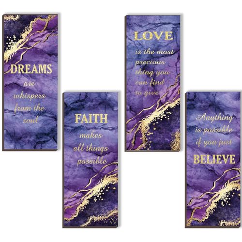 ONIZHITY 4 Pcs Purple Gold Bathroom Decor Purple Gold Wall Decor with Dreams Faith Love Believe Wooden Rustic Marble Style Versatile Bathroom Accessories for Bedroom Living Room(10X4) - Image 1