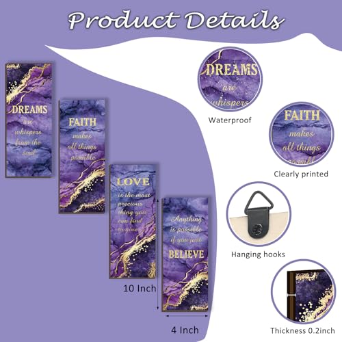 ONIZHITY 4 Pcs Purple Gold Bathroom Decor Purple Gold Wall Decor with Dreams Faith Love Believe Wooden Rustic Marble Style Versatile Bathroom Accessories for Bedroom Living Room(10X4) - Image 3