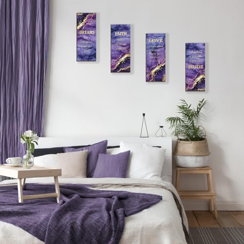 ONIZHITY 4 Pcs Purple Gold Bathroom Decor Purple Gold Wall Decor with Dreams Faith Love Believe Wooden Rustic Marble Style Versatile Bathroom Accessories for Bedroom Living Room(10X4) - Image 4