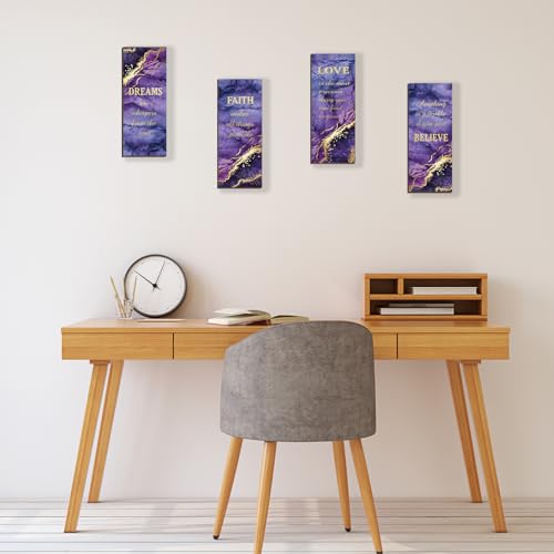ONIZHITY 4 Pcs Purple Gold Bathroom Decor Purple Gold Wall Decor with Dreams Faith Love Believe Wooden Rustic Marble Style Versatile Bathroom Accessories for Bedroom Living Room(10X4) - Image 5