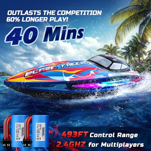 DEERC Fast RC Boat for Pool Lake 20MPH 40 Mins 7 LED Light Modes Self Righting Remote Control Racing Speed Boat for Kids 24Ghz Summer Water Toy Gift - Image 5