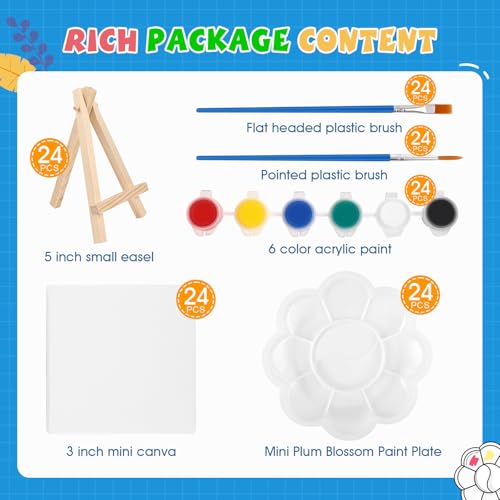 ESRICH 24 Set Mini Acrylic Paint Kit Mini Stretched Canvas with Easel Valentines Day Gifts Acrylic Paint Strips Paint Palettes Painting Brushes Canvas and Easel Set for Kids Artists Beginner - Image 3
