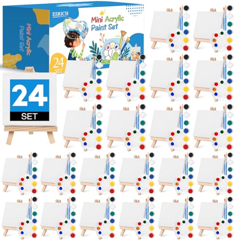 ESRICH 24 Set Mini Acrylic Paint Kit Mini Stretched Canvas with Easel Valentines Day Gifts Acrylic Paint Strips Paint Palettes Painting Brushes Canvas and Easel Set for Kids Artists Beginner - Image 1