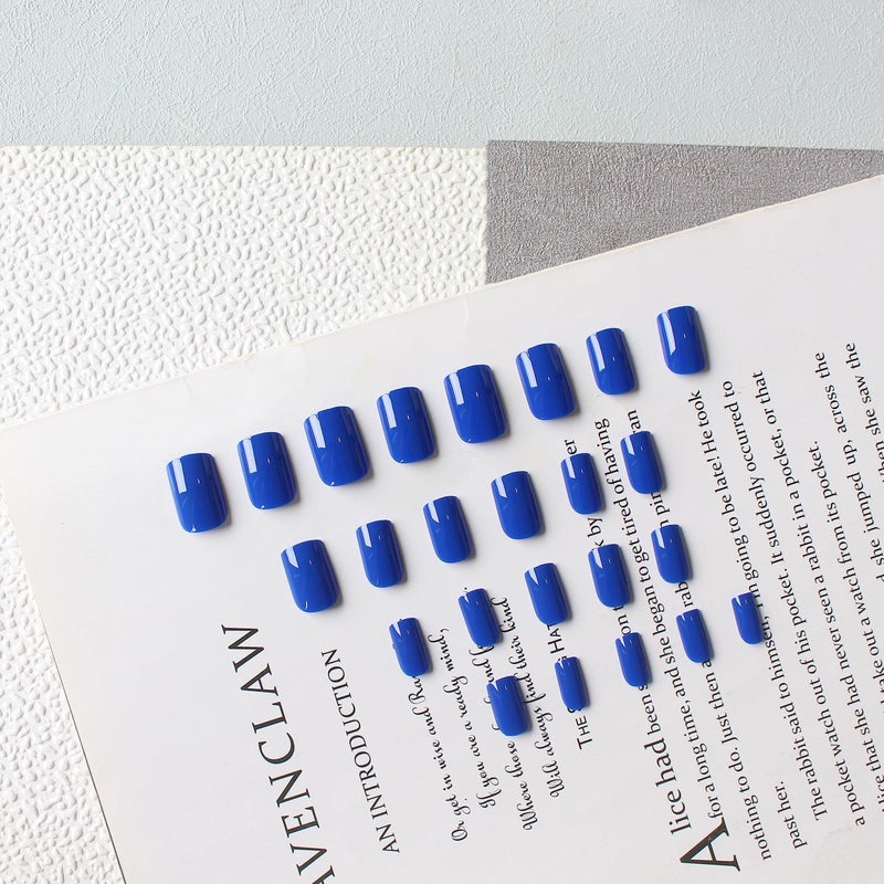KQueenest Royal Blue Press on Nails Short Medium Square Glue on Nails Set, Solid Dark Fake Nails Short Coffin Acrylic Nails Press on Reusable Gel Nails for Women Finger Decoration in 24 Pcs - Image 4