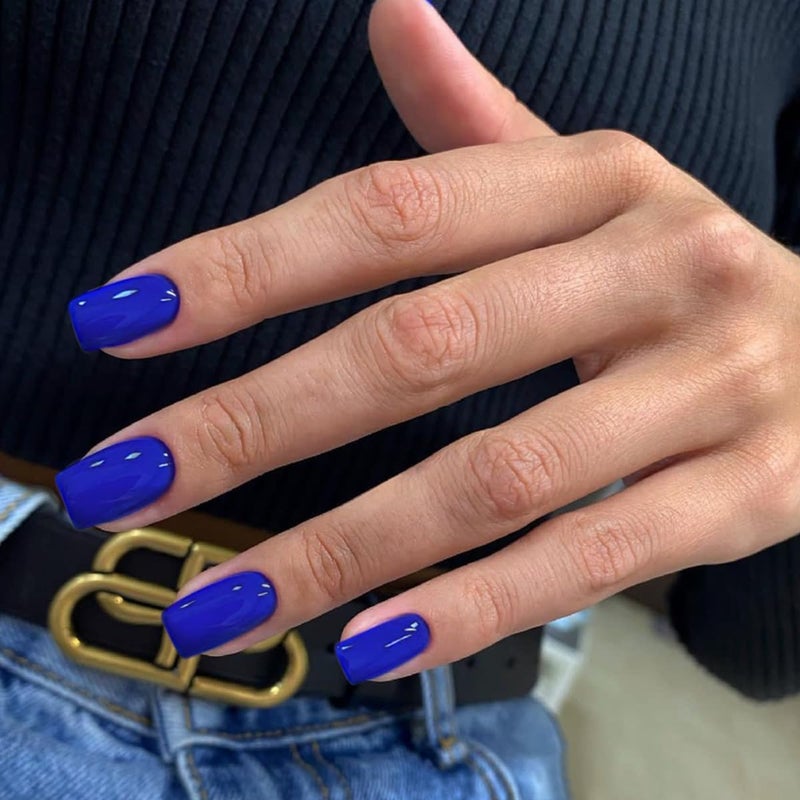 KQueenest Royal Blue Press on Nails Short Medium Square Glue on Nails Set, Solid Dark Fake Nails Short Coffin Acrylic Nails Press on Reusable Gel Nails for Women Finger Decoration in 24 Pcs - Image 2