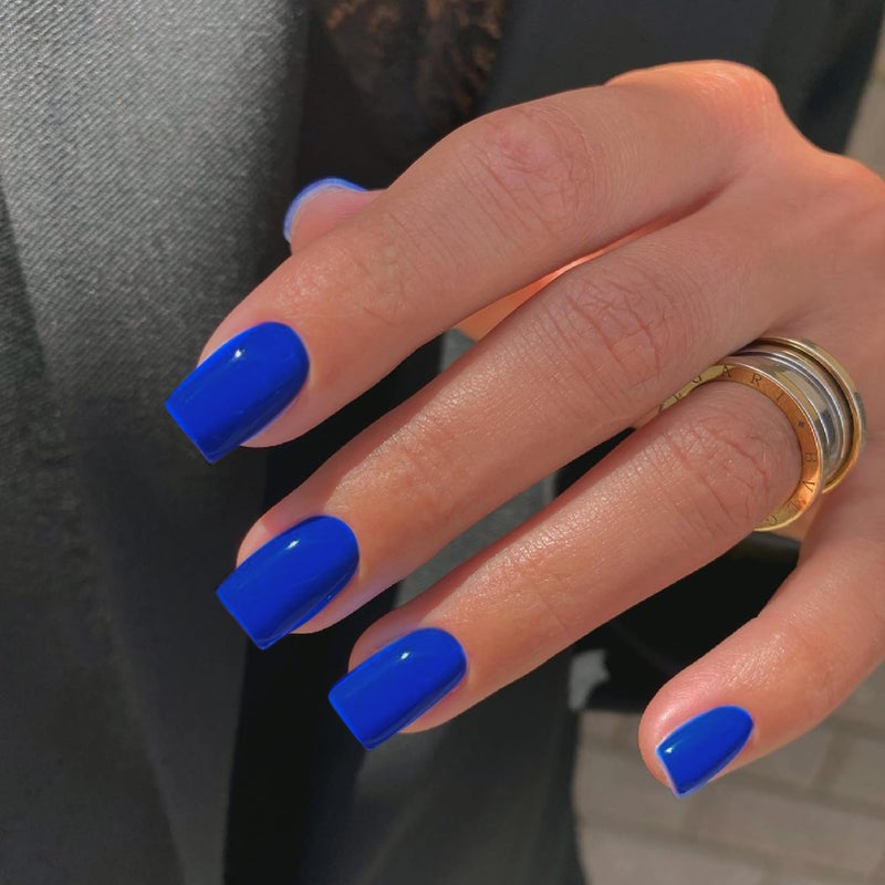 KQueenest Royal Blue Press on Nails Short Medium Square Glue on Nails Set, Solid Dark Fake Nails Short Coffin Acrylic Nails Press on Reusable Gel Nails for Women Finger Decoration in 24 Pcs - Image 1