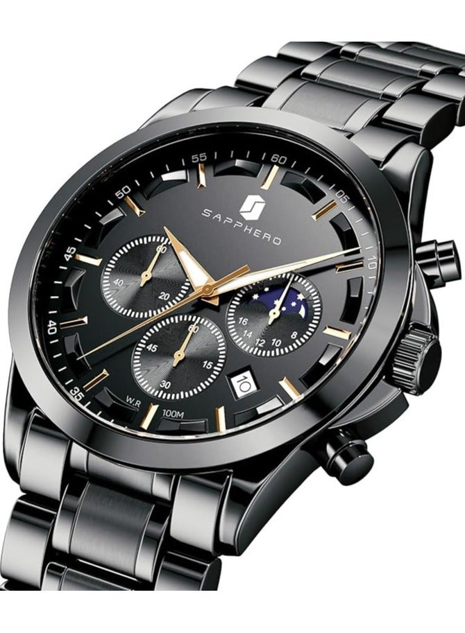 Sapphero Mens Watches Multifunction Chronograph Date Quartz Watch for Men Stainless Steel Band Wrist Watch Gift for Men Casual Business - Image 2