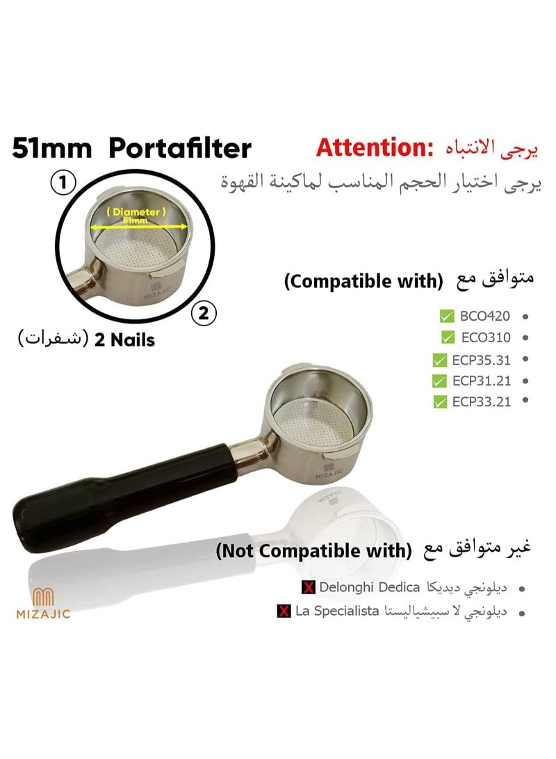 مزاجك فلتر القهوة بدون قاع 51 مم 2 مسمار لـ BCO420/ ECO310/ ECP35.31/ ECP31.21/ECP33.21، فلتر القهوة العاري مع سلة فلتر بديلة من الفولاذ المقاوم للصدأ ومقبض ABS - Image 3