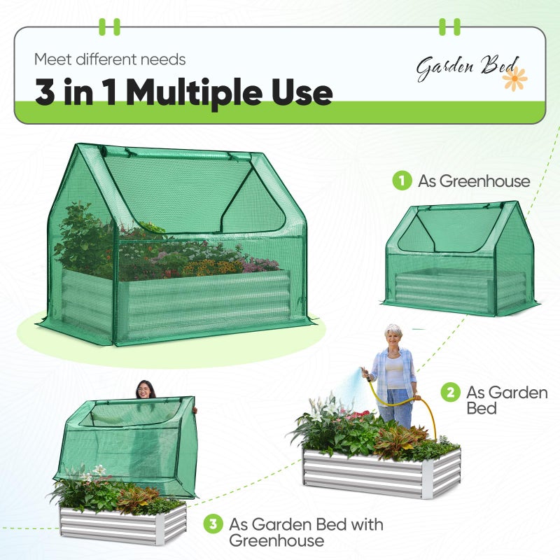 Quictent Raised Garden Bed with Cover Outdoor Galvanized Steel Planter Box Kit with Greenhouse Large Zipper Window Dual Use, 20pcs T-Type Tags & 1 Pair of Gloves Included 4x2.5x1 FT (Green) - Image 3