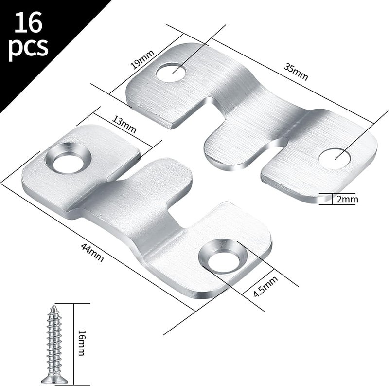 16 Pcs Stainless Steel Picture Frame Hangers, Interlocking Wall Mounting Hooks, Hidden Bracket for Photos and Mirror, 44x19mm, with Screws - Image 2