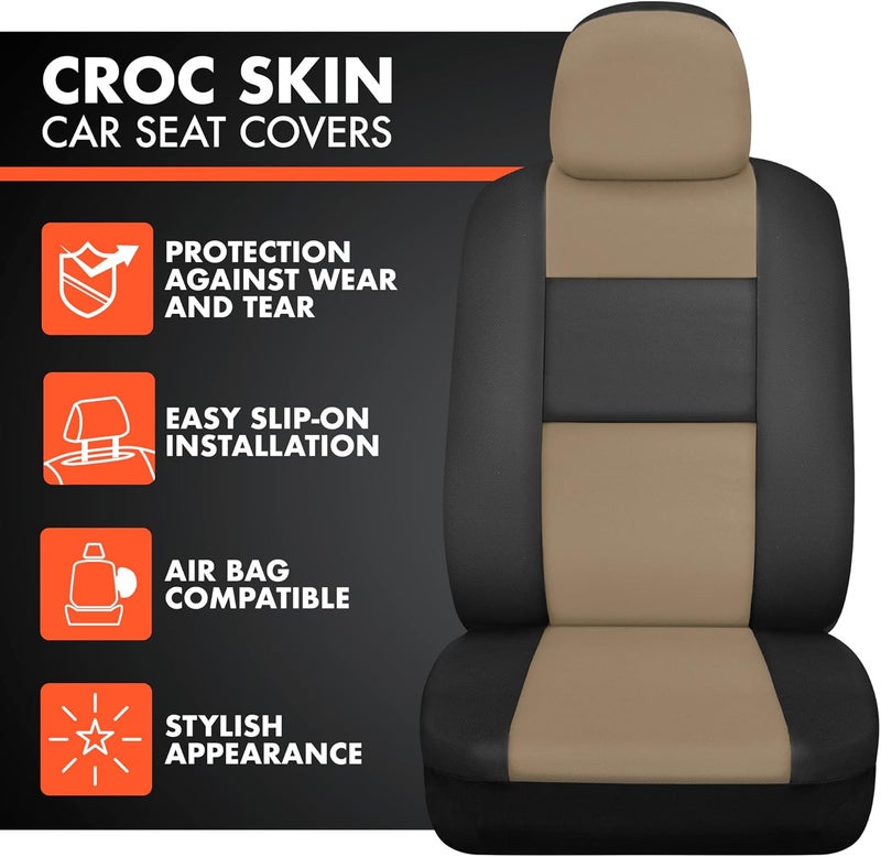 BDK Croc Skin Faux Leather Car Seat Covers, Full Set Beige – Front and Back Split Bench Seat Covers, Airbag Compatible, Interior Covers for Cars Trucks Vans and SUVs - Image 2