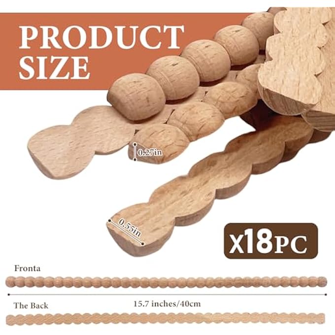 18PCS WOOD TRIMS MOLDING 15.75 INCH DIY DECORATIVE HALF WOODEN BEADS TRIM MOLDING FOR FURNITURE, CABINETS, WALLS AND CRAFT PROJECTS - Image 3