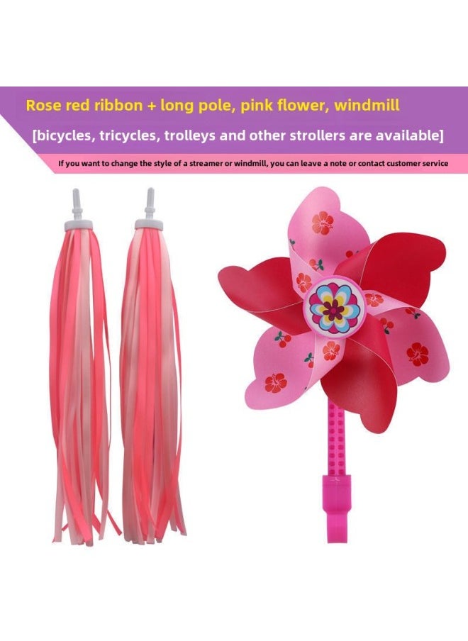 Small Windmill Children's Car Windmill Bicycle Cartoon Rotating Baby Stroller Scooter Front Decoration Accessories-Color:Rose Red Ribbon + Long Pole Pink Flower Windmill  - Image 1