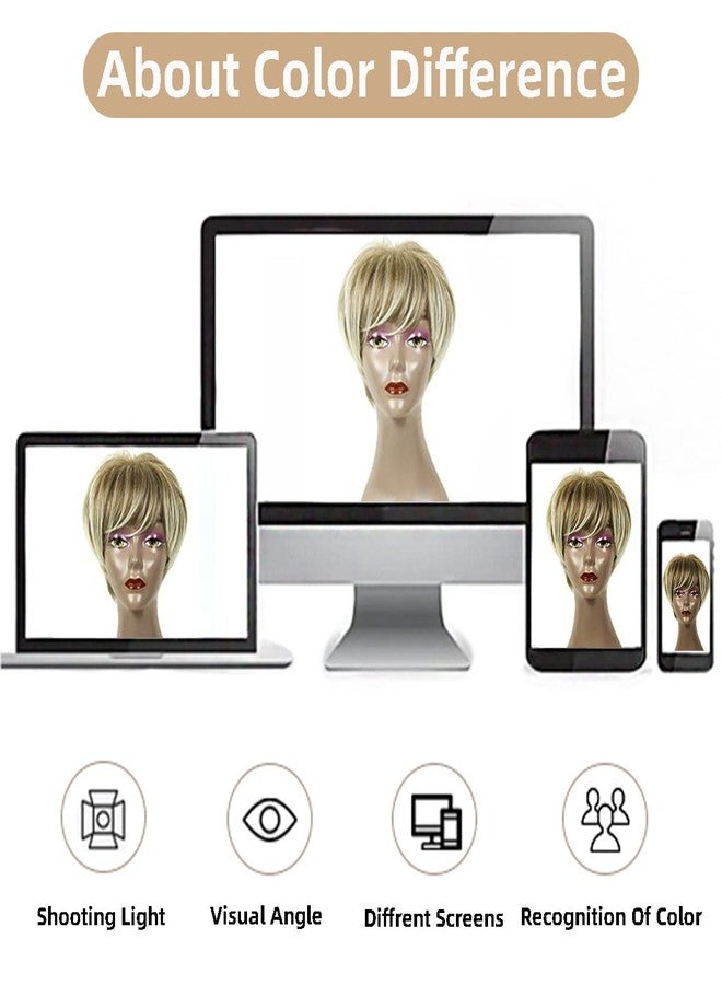 PHOCAS Pixie Cut Wigs Short Stylish Fluffy Layer Wig None Lace Replacement Wig with Bangs for Women Brown Mix Blonde Wig Short - Image 4