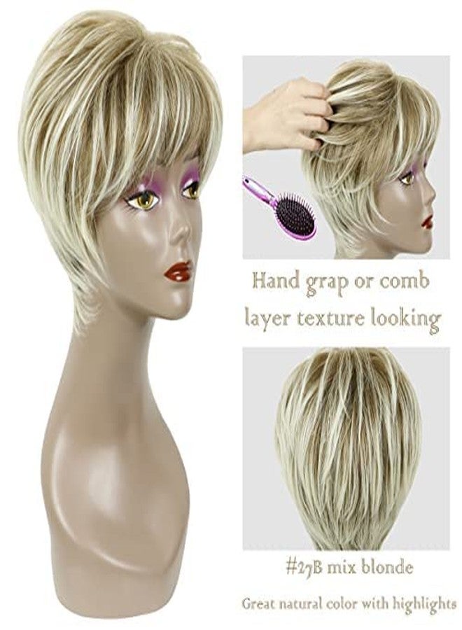 PHOCAS Pixie Cut Wigs Short Stylish Fluffy Layer Wig None Lace Replacement Wig with Bangs for Women Brown Mix Blonde Wig Short - Image 2