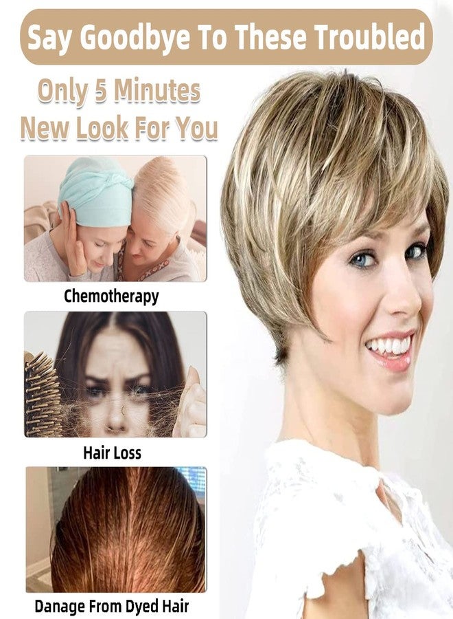 PHOCAS Pixie Cut Wigs Short Stylish Fluffy Layer Wig None Lace Replacement Wig with Bangs for Women Brown Mix Blonde Wig Short - Image 3
