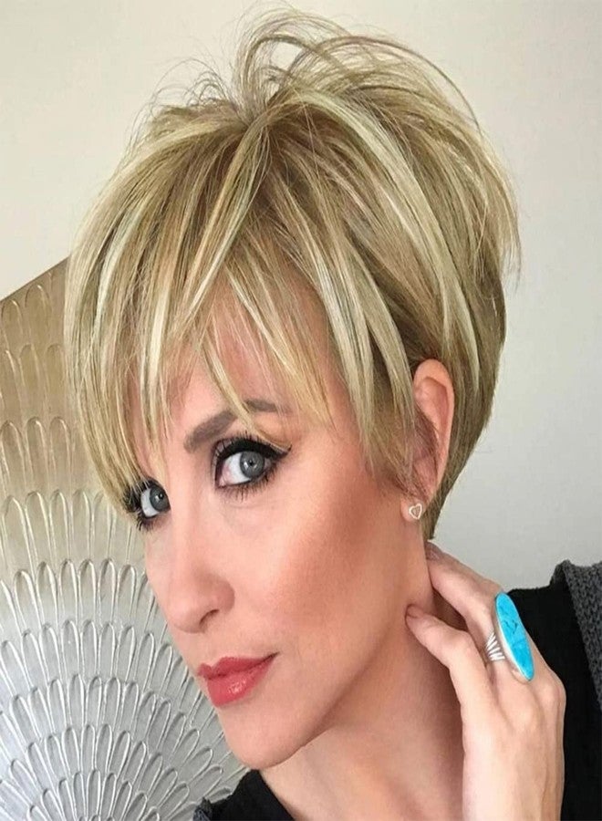 PHOCAS Pixie Cut Wigs Short Stylish Fluffy Layer Wig None Lace Replacement Wig with Bangs for Women Brown Mix Blonde Wig Short - Image 1
