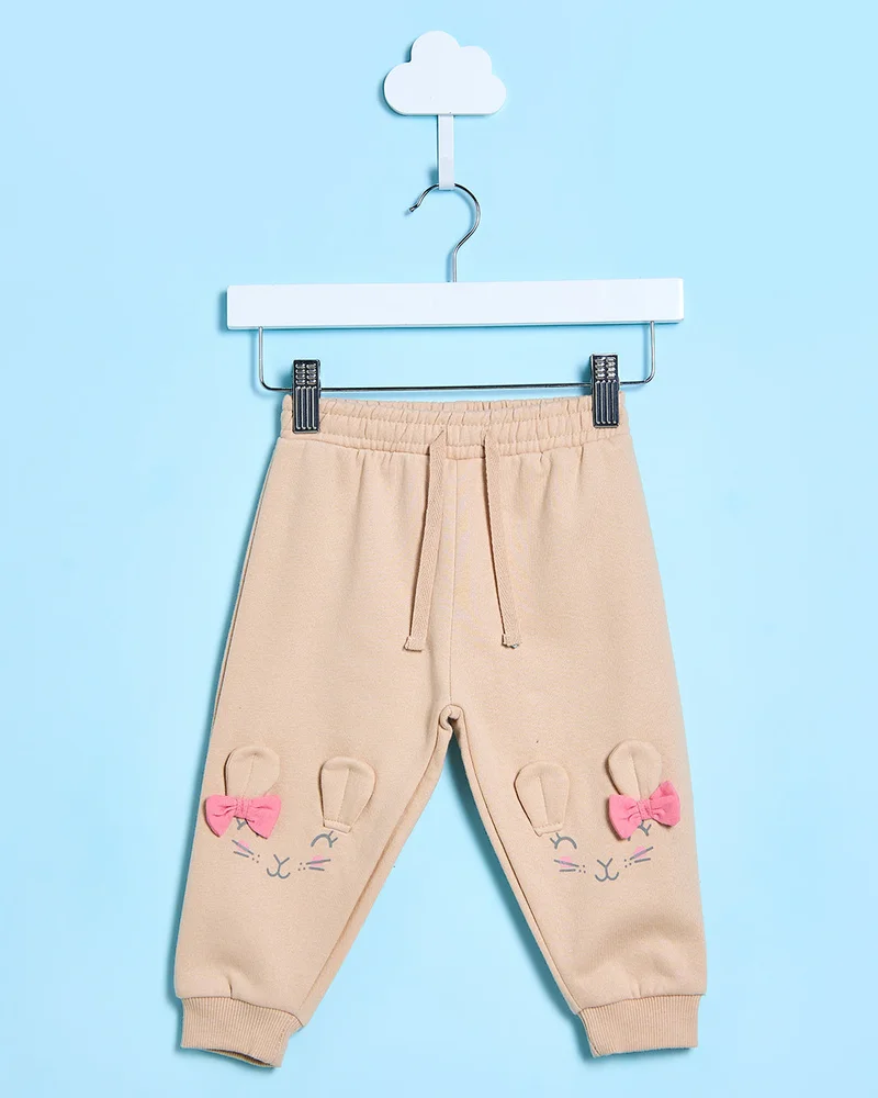 Redtag Infant Girls Beige Solid Active Pants Wide Side Cargo Pockets