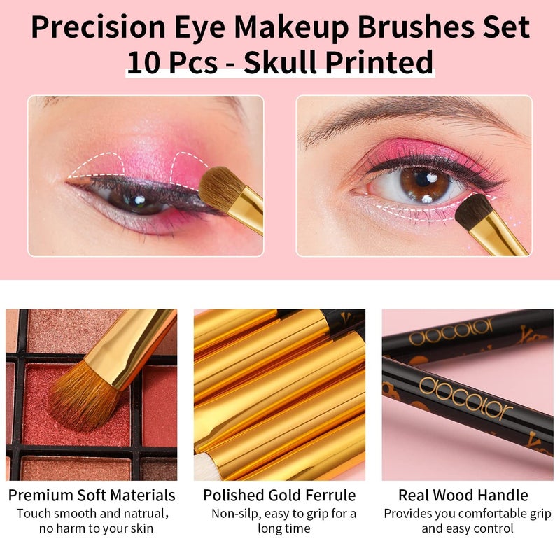 Docolor Eye Makeup Brushes 10Pcs Skull Printed Eyeshadow Makeup Brush Set Blending Concealer Eyebrow Eye Liners Premium Synthetic Eyeshadow Crease Brow Brush - Image 3