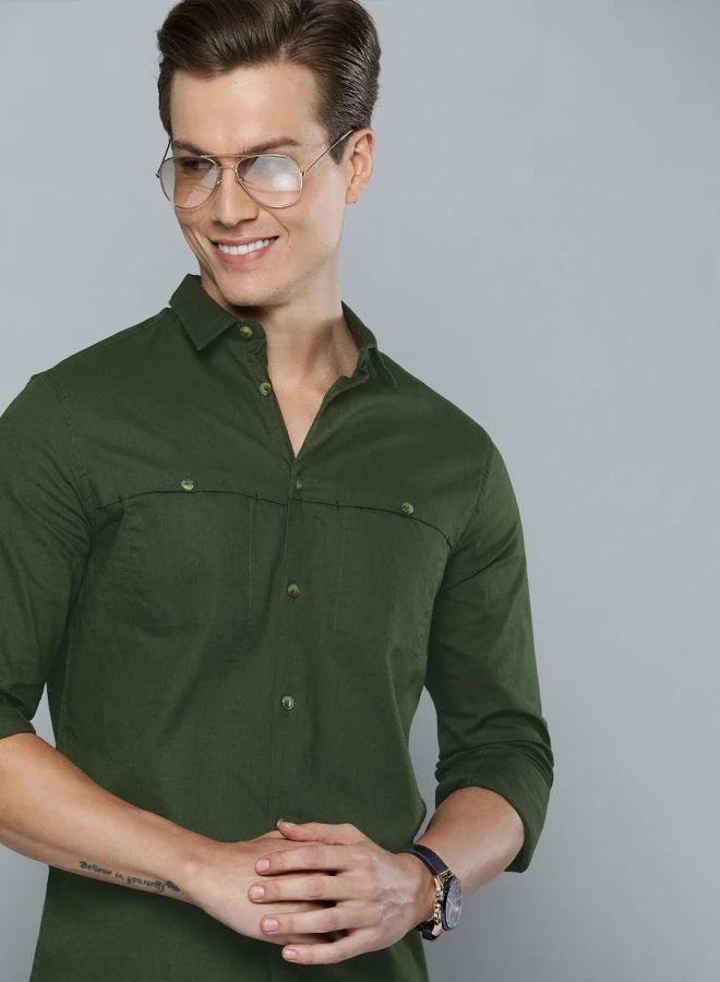 ذا انديان كراج كو Men Olive Slim Fit Casual Shirt