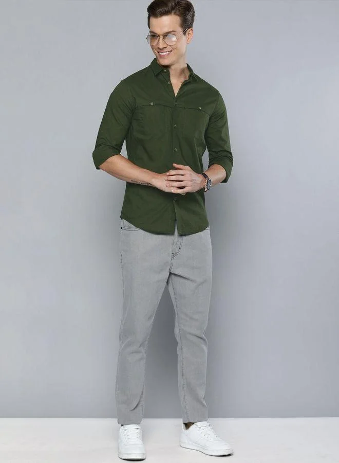 ذا انديان كراج كو Men Olive Slim Fit Casual Shirt