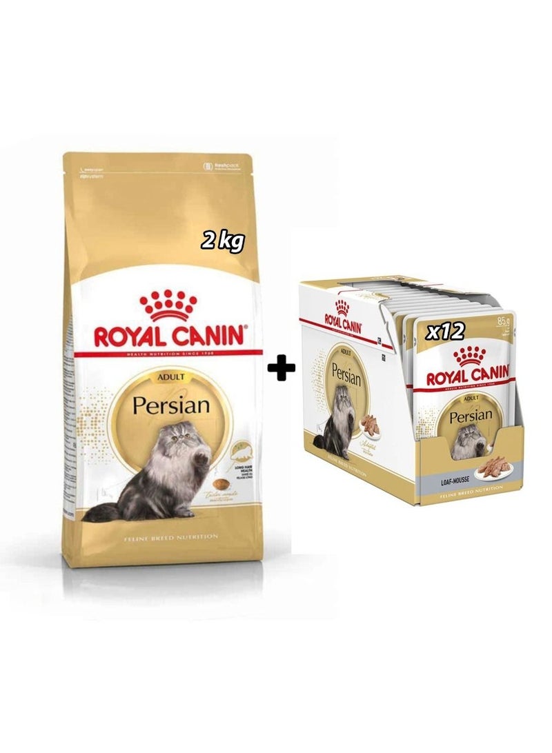 ROYAL CANIN رويال كانين - غذاء القطط البالغة من سلالة الفارسية 2 كجم وعلبة طعام رطب للقطط 12x85 جرام حزمة - Image 1
