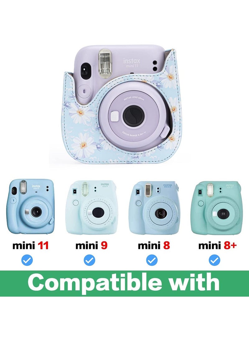 KASTWAVE Protective & Portable Case Compatible with fujifilm instax Mini 11/ 9/ 8/ 8+ Instant Film Camera with Accessory Pocket and Adjustable Strap (Flowers Light Blue) - Image 2