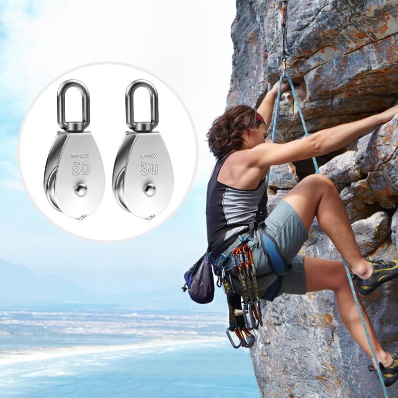 M50 Stainless Steel Pulley Block, 2 Pack, Heavy Duty Lifting Pulley with Swivel Eye Hook, 304 Grade Single Wheel Pulley for Rope Wire Cable Flag Pole Systems - Image 3