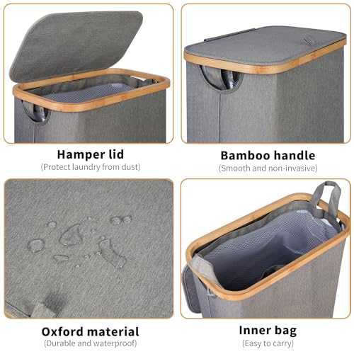 iEGrow 65L Slim Laundry Hamper, Narrow Laundry Basket with Lid,Foldable Clothes Hamper with Bamboo Handles,Hamper Basket with Removable Inner Bag for Laundry Room Bedroom College Dorm,17.17 Gals Grey - Image 3