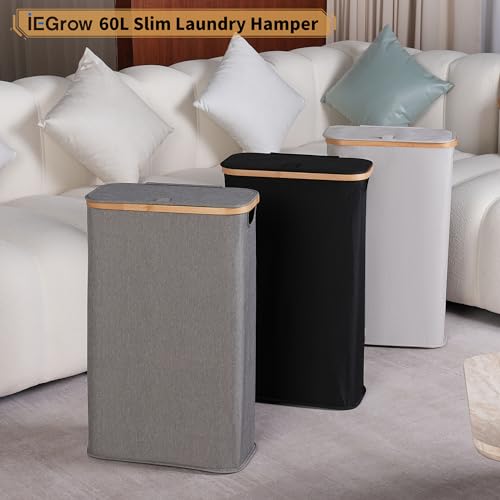 iEGrow 65L Slim Laundry Hamper, Narrow Laundry Basket with Lid,Foldable Clothes Hamper with Bamboo Handles,Hamper Basket with Removable Inner Bag for Laundry Room Bedroom College Dorm,17.17 Gals Grey - Image 4