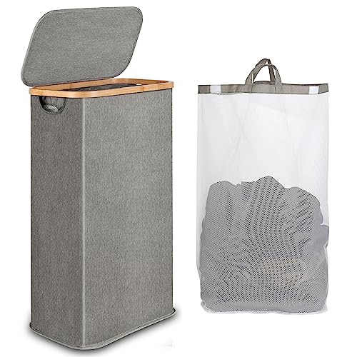 iEGrow 65L Slim Laundry Hamper, Narrow Laundry Basket with Lid,Foldable Clothes Hamper with Bamboo Handles,Hamper Basket with Removable Inner Bag for Laundry Room Bedroom College Dorm,17.17 Gals Grey - Image 1