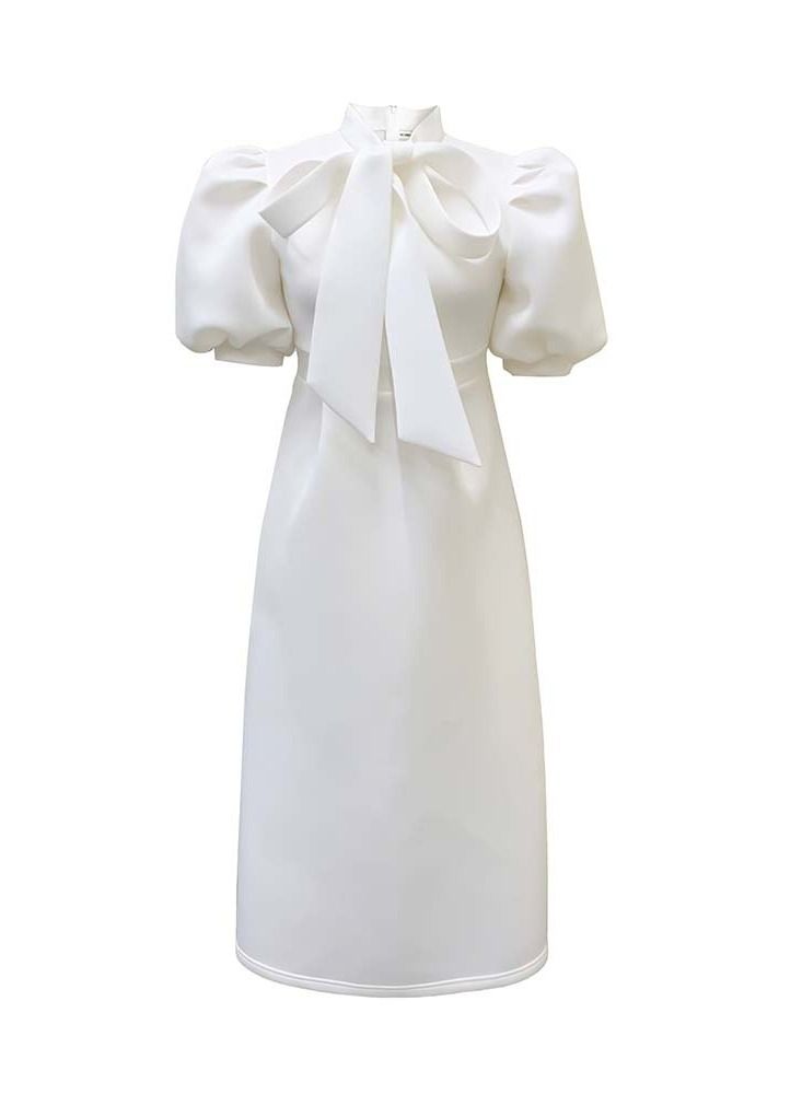 Loquat Women's Large Bow Solid Color Short Sleeve Dress White  - Image 1