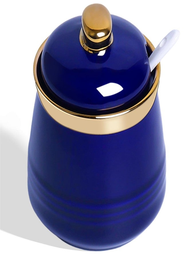 هاو توب وعاء سكر هاوتوب سعة 12 أونصة مع غطاء وملعقة، وعاء سكر سيراميكي بسيط، موزع سكر، ملحقات ركن القهوة، علب تخزين عصرية لسطح المطبخ (أزرق داكن) - Image 1