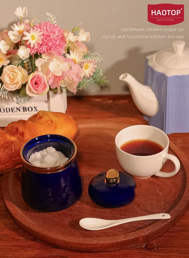 هاو توب وعاء سكر هاوتوب سعة 12 أونصة مع غطاء وملعقة، وعاء سكر سيراميكي بسيط، موزع سكر، ملحقات ركن القهوة، علب تخزين عصرية لسطح المطبخ (أزرق داكن) - Image 4