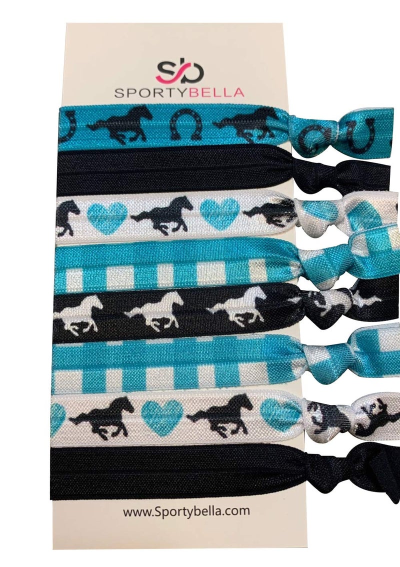 Infinity Collection Sportybella Girls Horse Hair Ties (Teal/Black) - No Crease, No Tug Elastics with Horse Design, Ponytail Gift for Equestrians, 8pcs